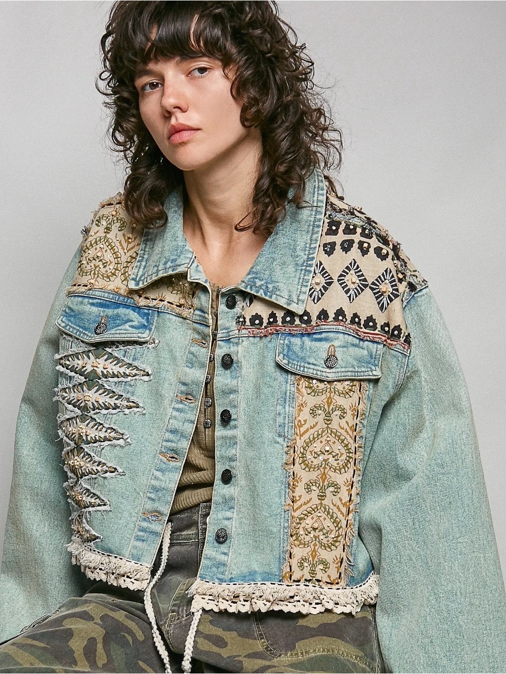 POL denim beaded sequin boho western lace patchwork floral jean jacket coat